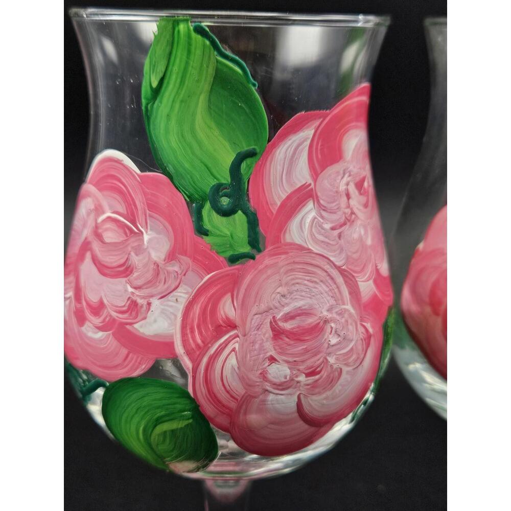 Set of 2 Vintage Hand Painted Pink Floral Wine Glasses Tulip Flared Rim 6.5" - Picture 2 of 15